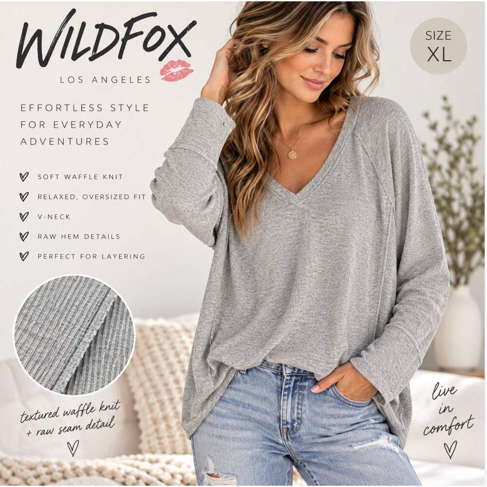 Wildfox Thermal Top XL Gray Waffle Knit V Neck Oversized Y2K Raw Seam Lounge